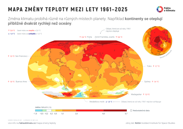Mapa změny teploty mezi lety 1961–2025
